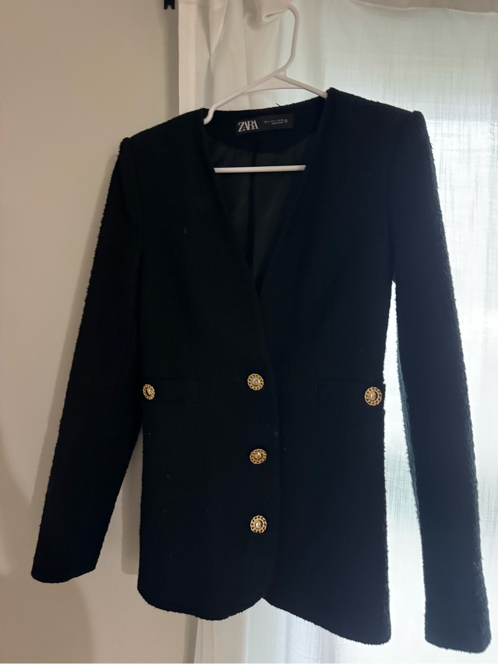 Women’s small ZARA Black Textured Blazer tailored with Gold Buttons
